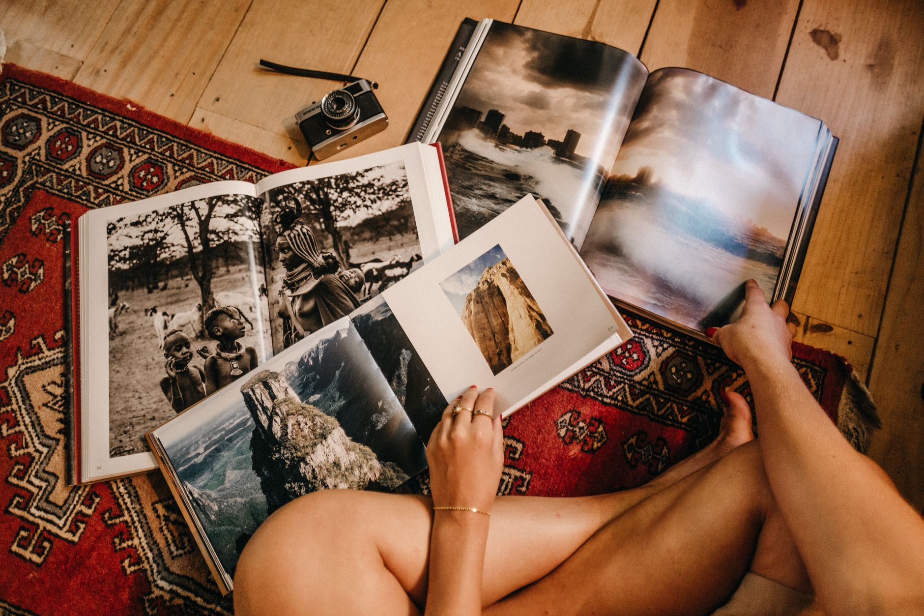 An open layflat photo book spread