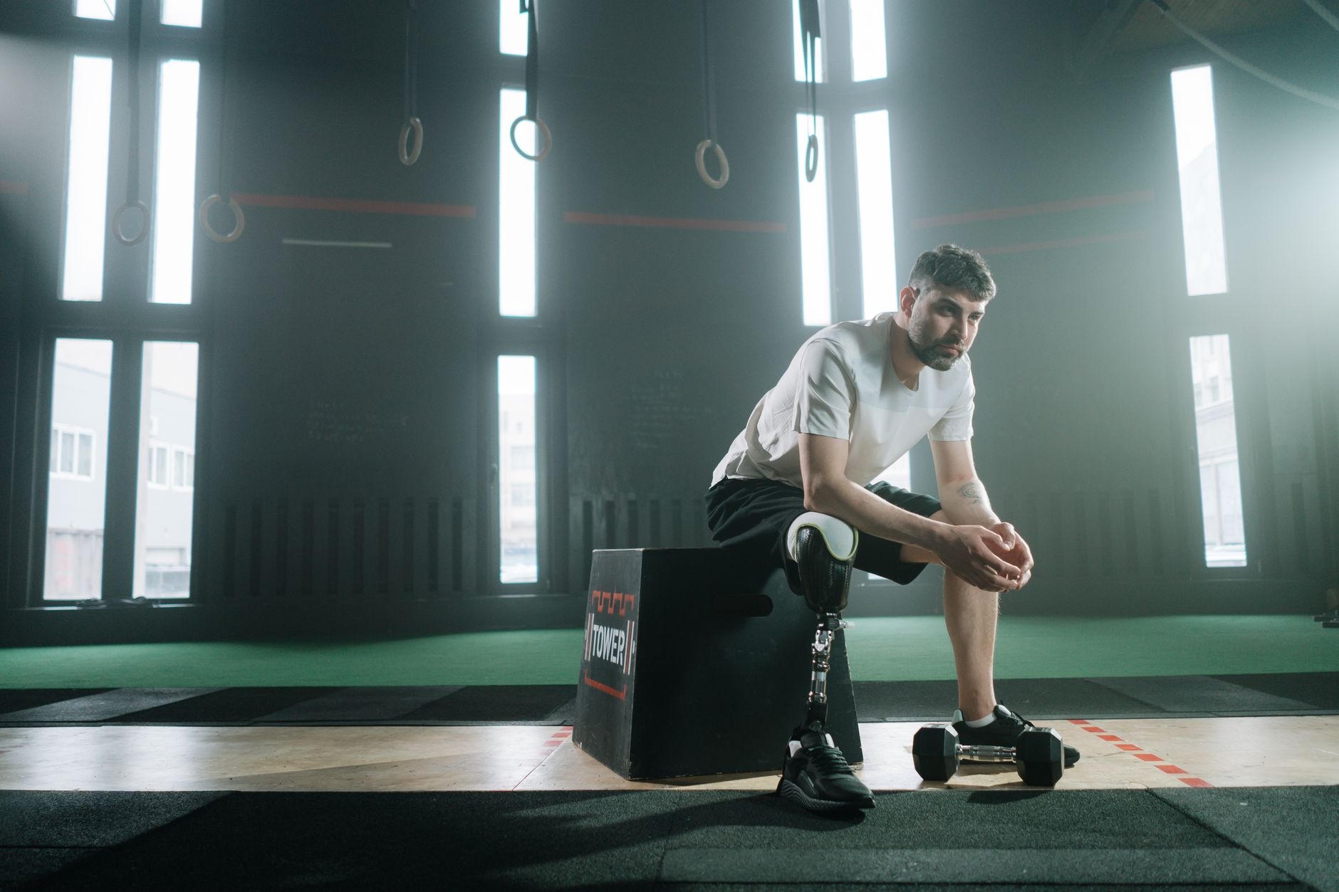 An athlete training on the Stride rehab gym floor