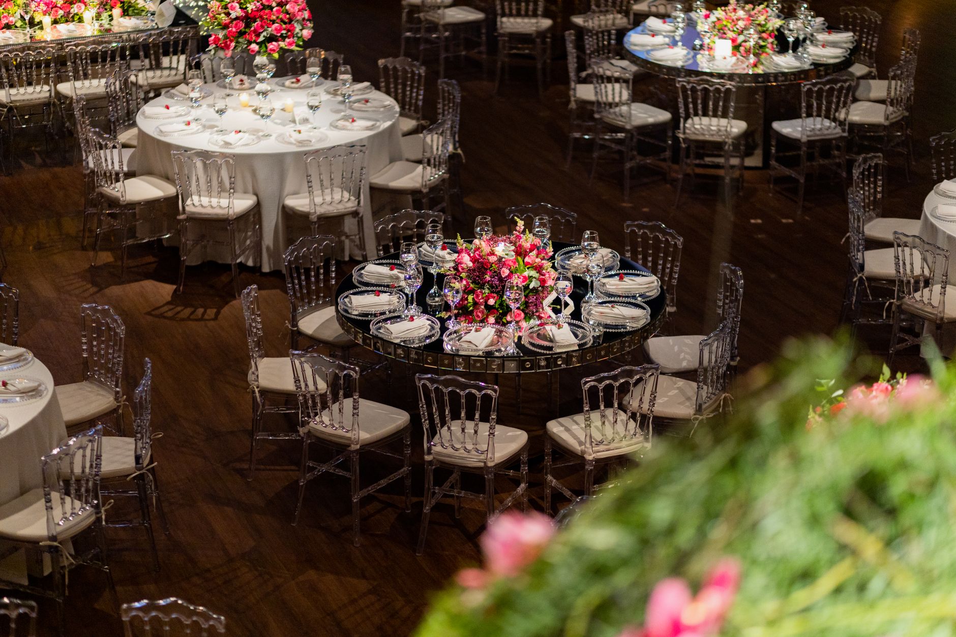 An elegant ballroom set up for an event