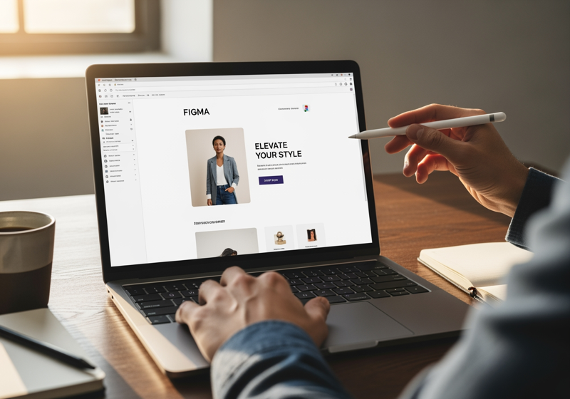Designer working on a homepage layout in Figma on a premium laptop, warm natural light.