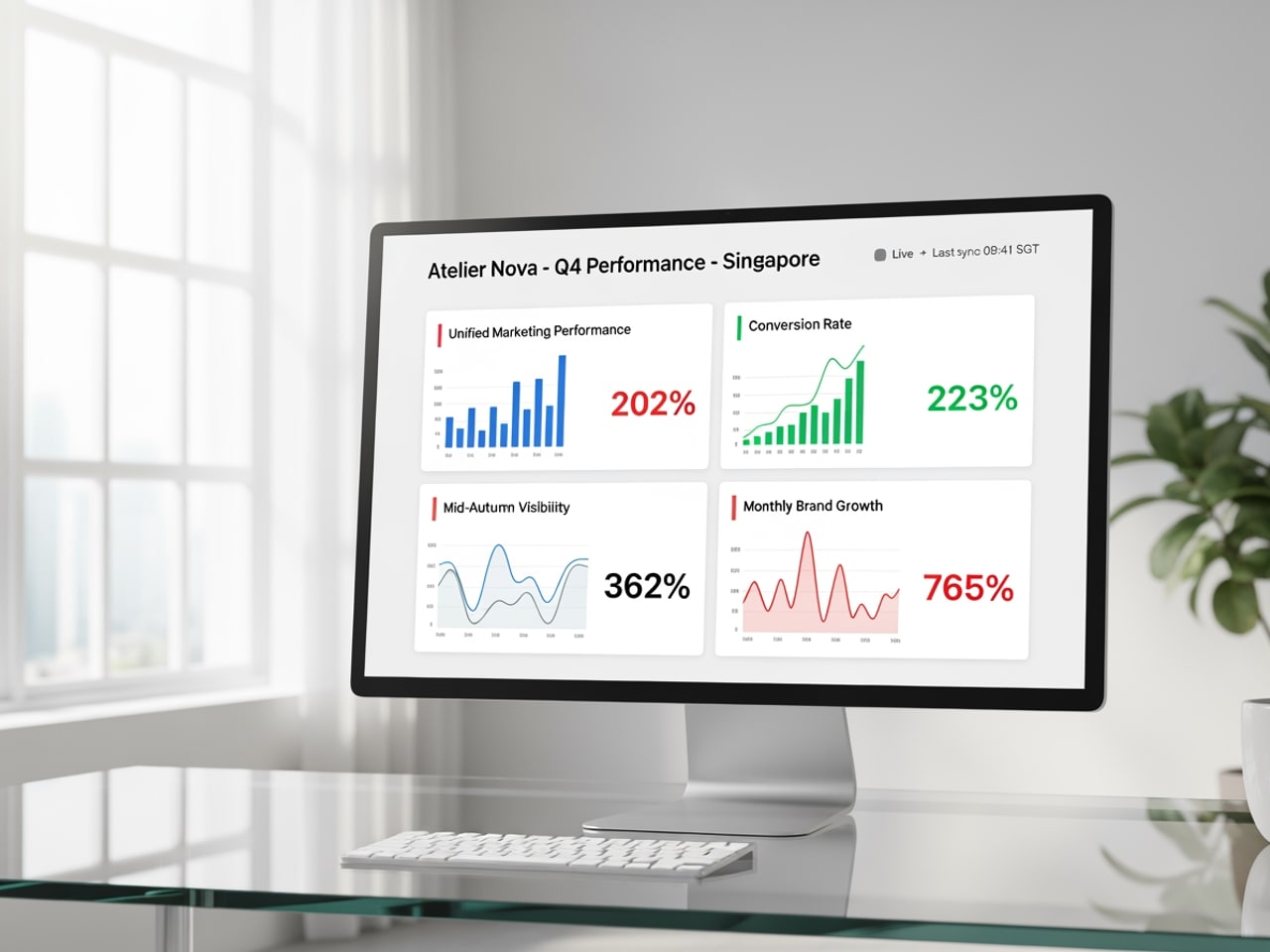 Atelier Nova performance dashboard for an ASEAN brand: Unified Marketing Performance +202 percent, Conversion Rate +223 percent, Mid-Autumn Visibility +362 percent, Monthly Brand Growth +765 percent. Live.