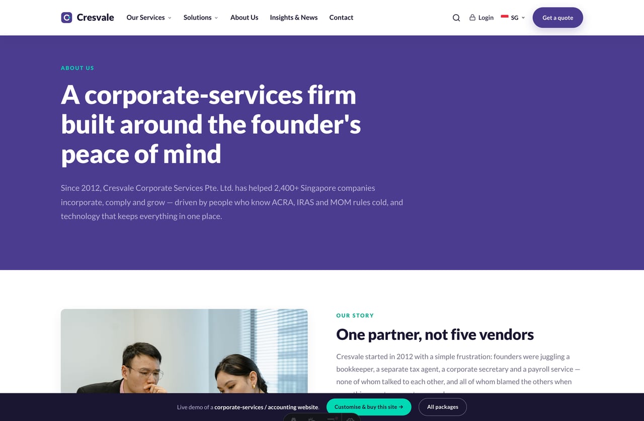 About page with firm story, timeline, leadership and locations on the Cresvale accounting firm demo