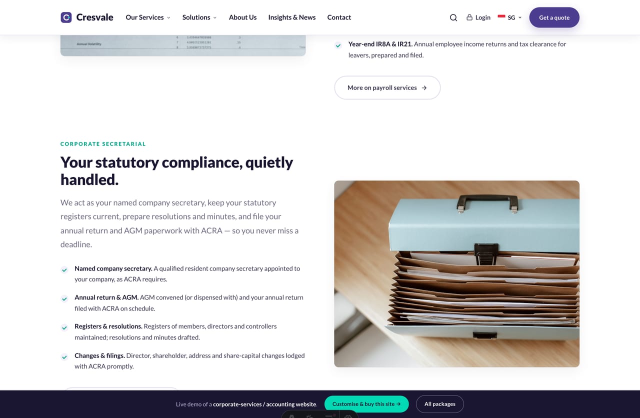 What-makes-us-different value props block on a Singapore corporate-services firm homepage