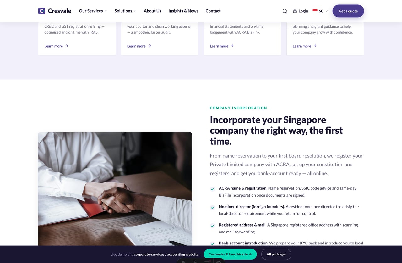Alternating feature bands explaining each accounting service on the Cresvale firm website