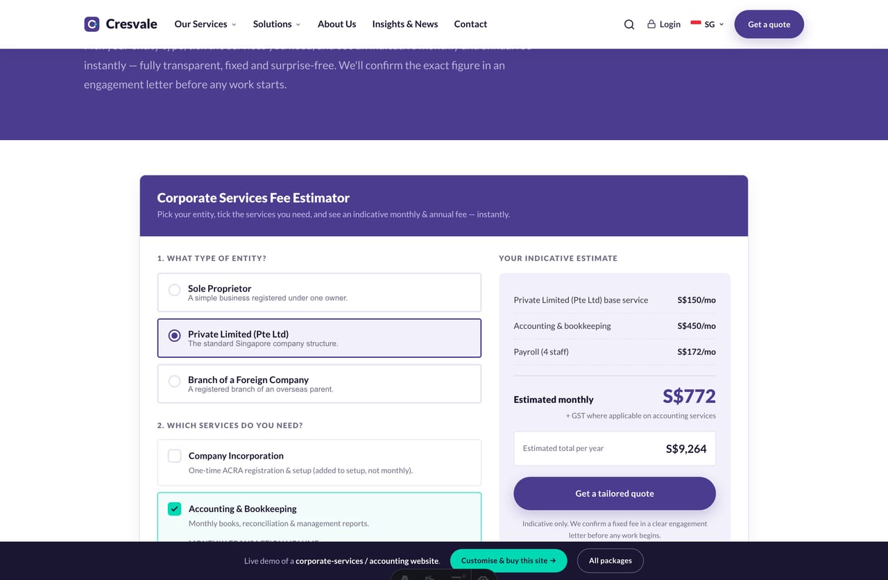 Interactive Corporate Services Fee Estimator on a Singapore accounting firm website demo