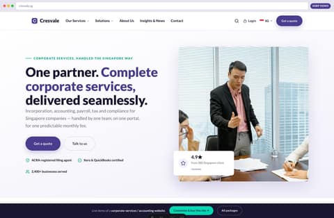 Accounting & corporate-services firm website homepage demo — value-statement hero, trust signals and a Get-a-quote CTA (Singapore)