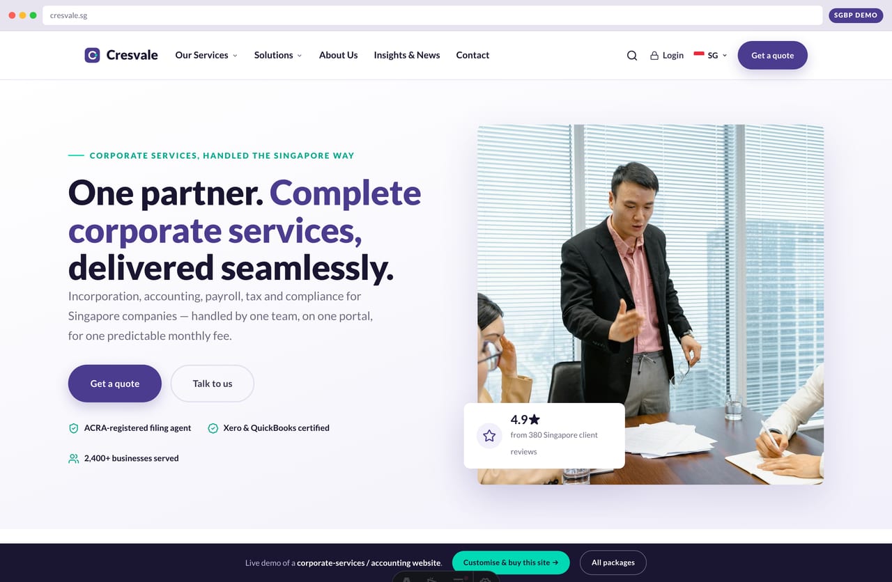 Accounting & corporate-services firm website homepage demo — value-statement hero, trust signals and a Get-a-quote CTA (Singapore)