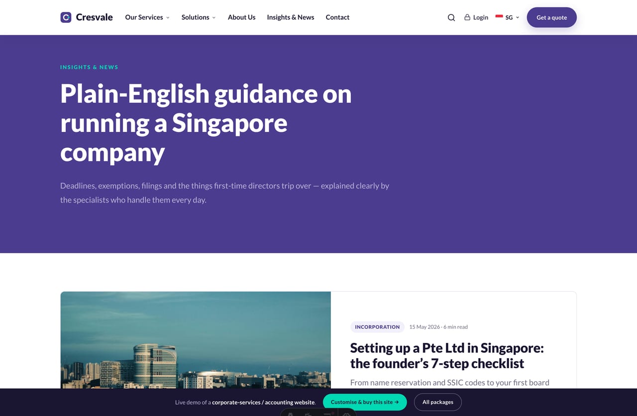 Insights and news page with featured article and grid for a Singapore corporate-services firm