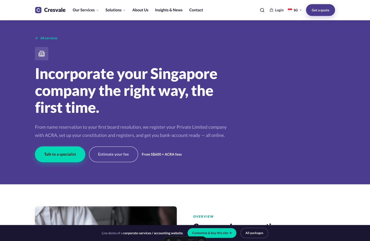 Single-service detail page for company incorporation with overview, inclusions and FAQs on the Cresvale demo