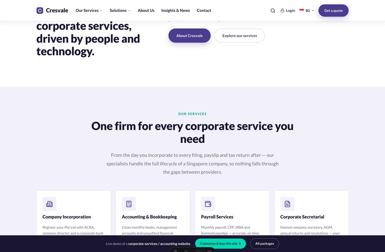 Line-icon service grid for a Singapore corporate-services firm — incorporation, accounting, payroll, tax, secretarial and audit