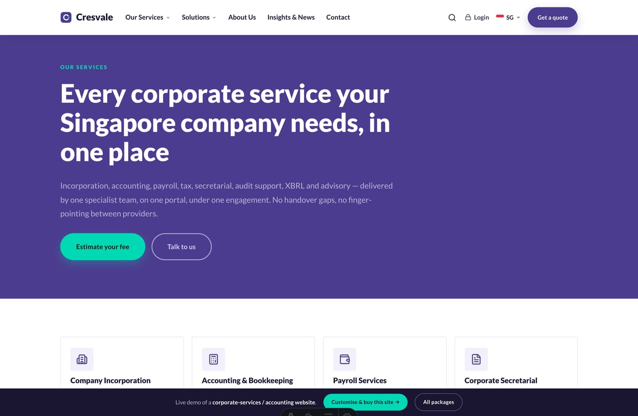 Services overview page listing every corporate service with from-prices on a Singapore accounting firm website