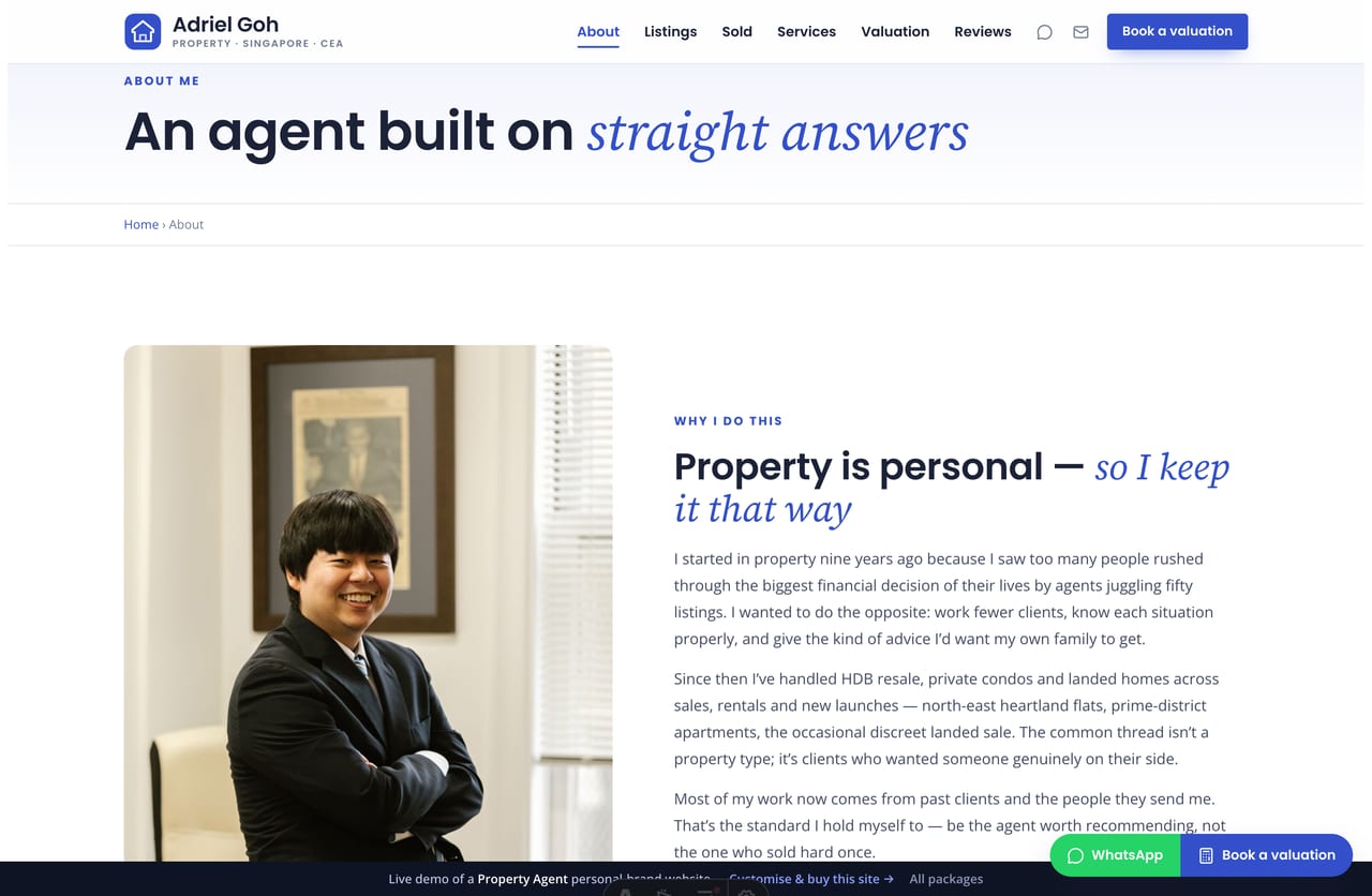 About page for a Singapore property agent — the agent story, CEA credentials, stats and why-work-with-me reasons