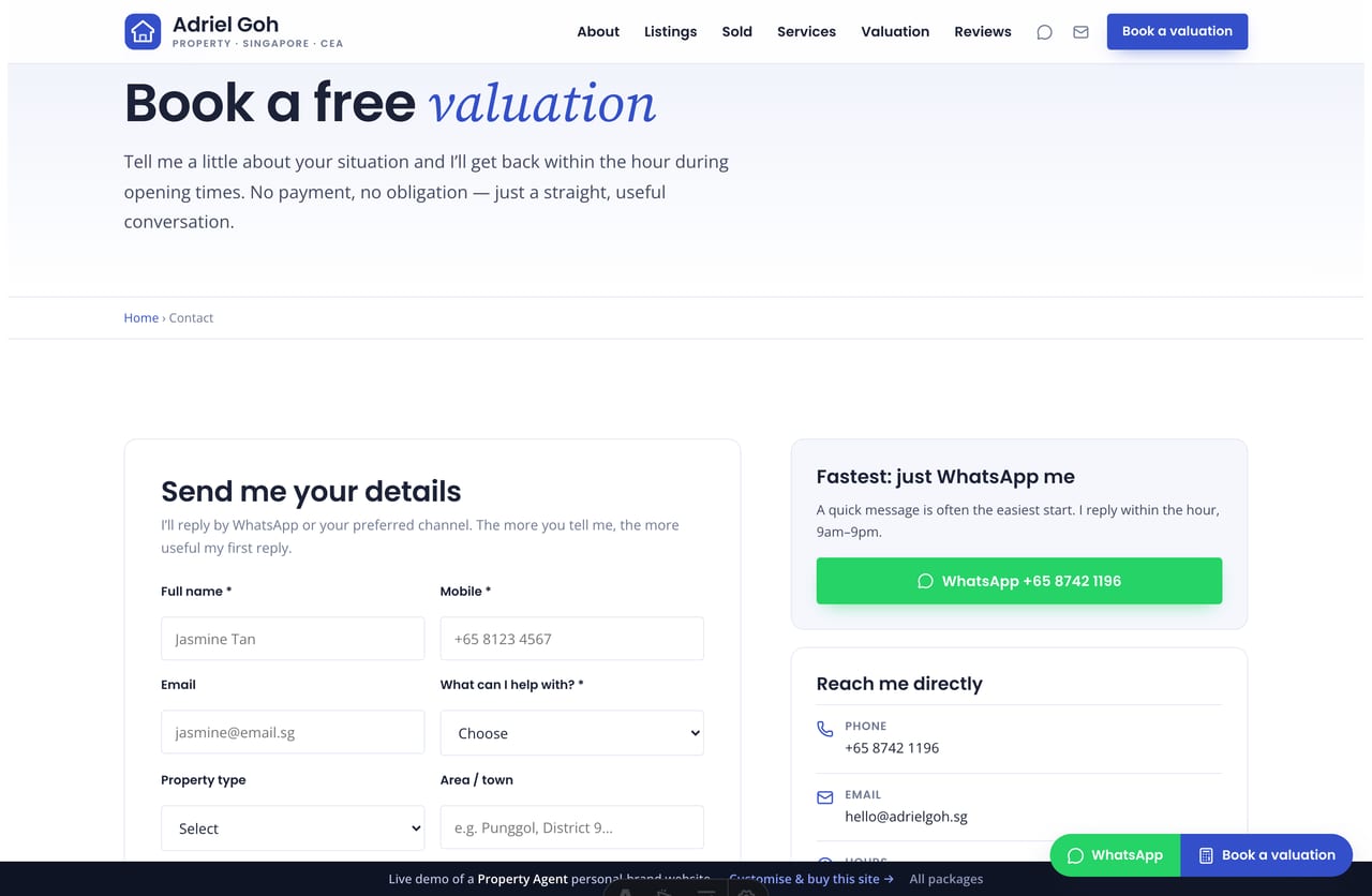 Book-a-valuation and contact page on the Adriel Goh demo — a PDPA-aware enquiry form with WhatsApp-first option, no cart