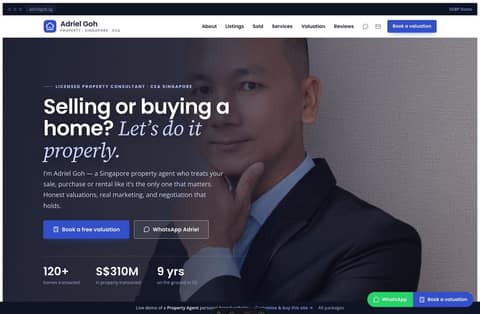 Adriel Goh property-agent website homepage demo — a clean indigo proptech layout with an agent-photo hero, trust stats and dual book-a-valuation / WhatsApp CTAs