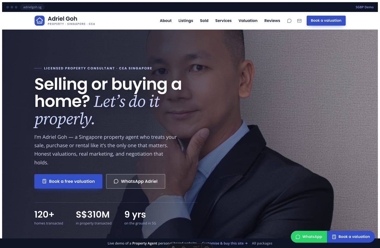 Adriel Goh property-agent website homepage demo — a clean indigo proptech layout with an agent-photo hero, trust stats and dual book-a-valuation / WhatsApp CTAs