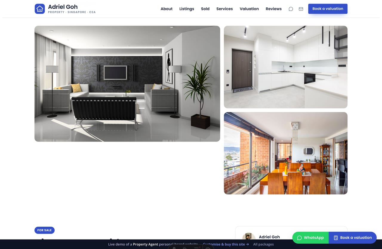A single-listing detail page on the Adriel Goh demo — gallery, price, spec grid, description, highlights and an agent enquiry sidebar