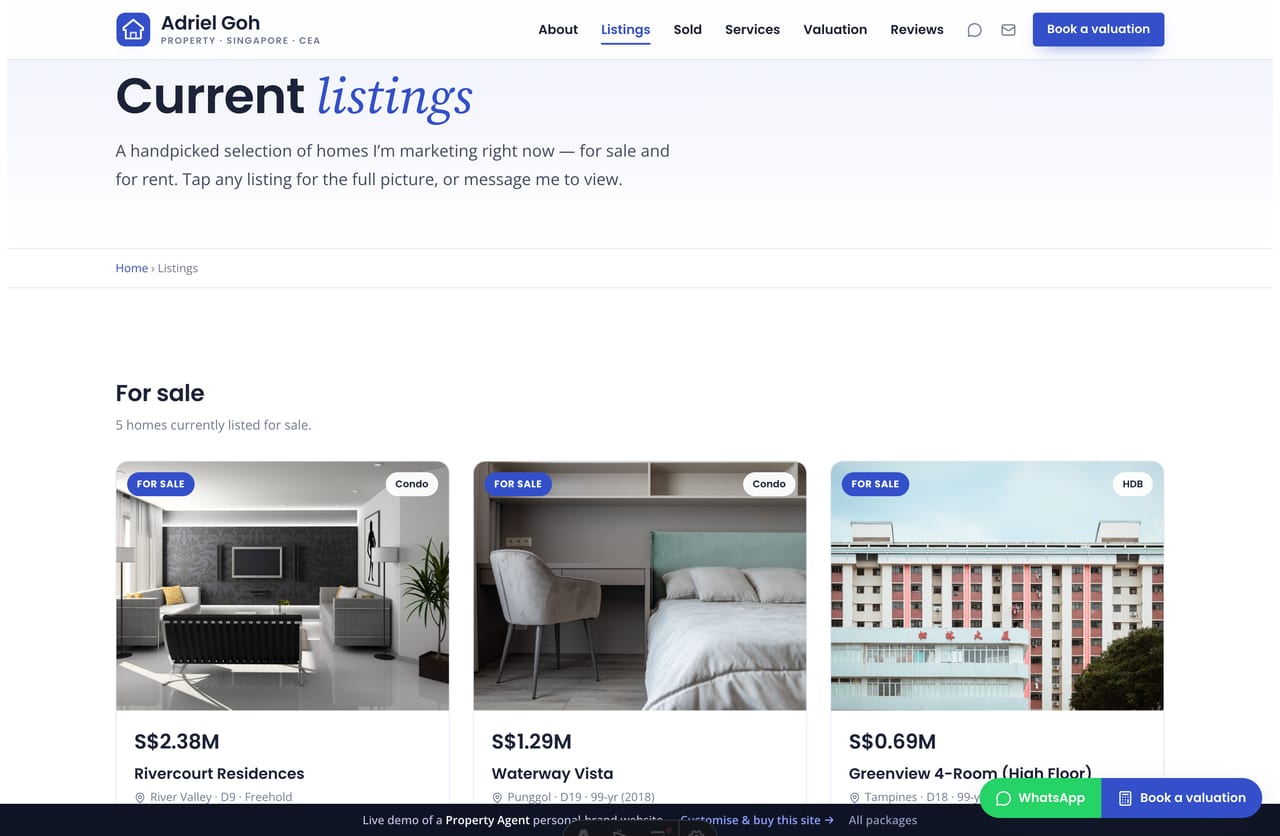 Listings page on the Adriel Goh demo — a grid of property cards for sale and rent with price, beds, baths, sqft and area