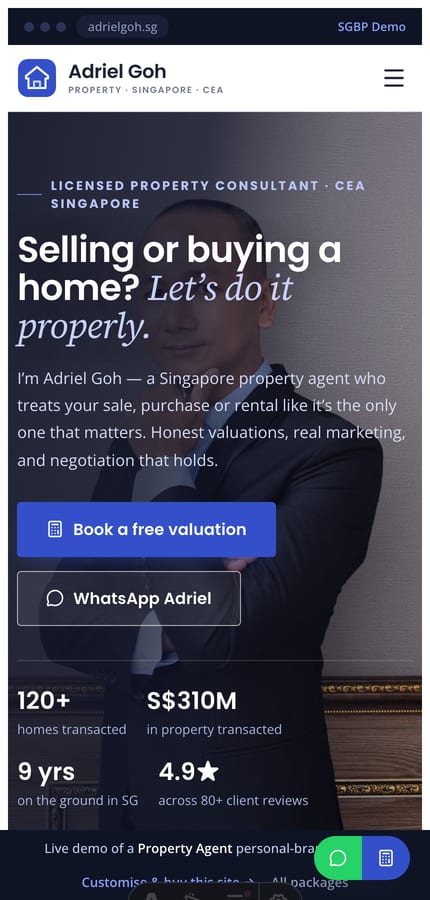 The Adriel Goh property-agent website on mobile — agent-photo hero and a floating book-a-valuation / WhatsApp pill at 430px