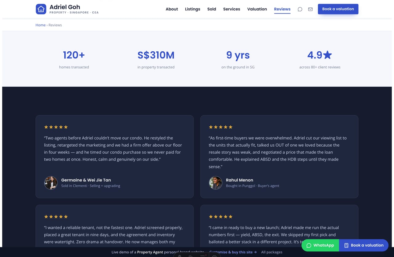 Client reviews page on the Adriel Goh demo — a big dark testimonials band of seller, buyer and landlord reviews