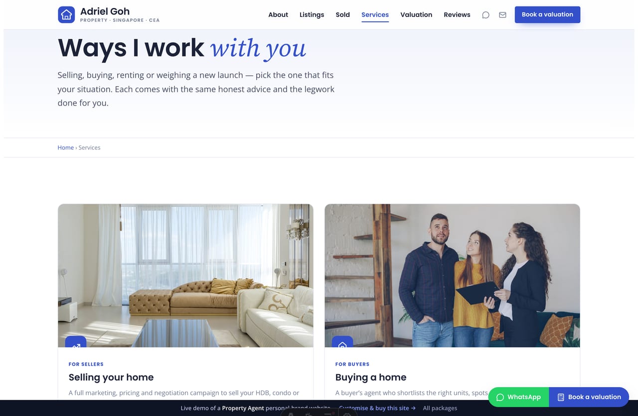 Services page on the Adriel Goh demo — sell, buy, rent and new-launch cards each with a detail page