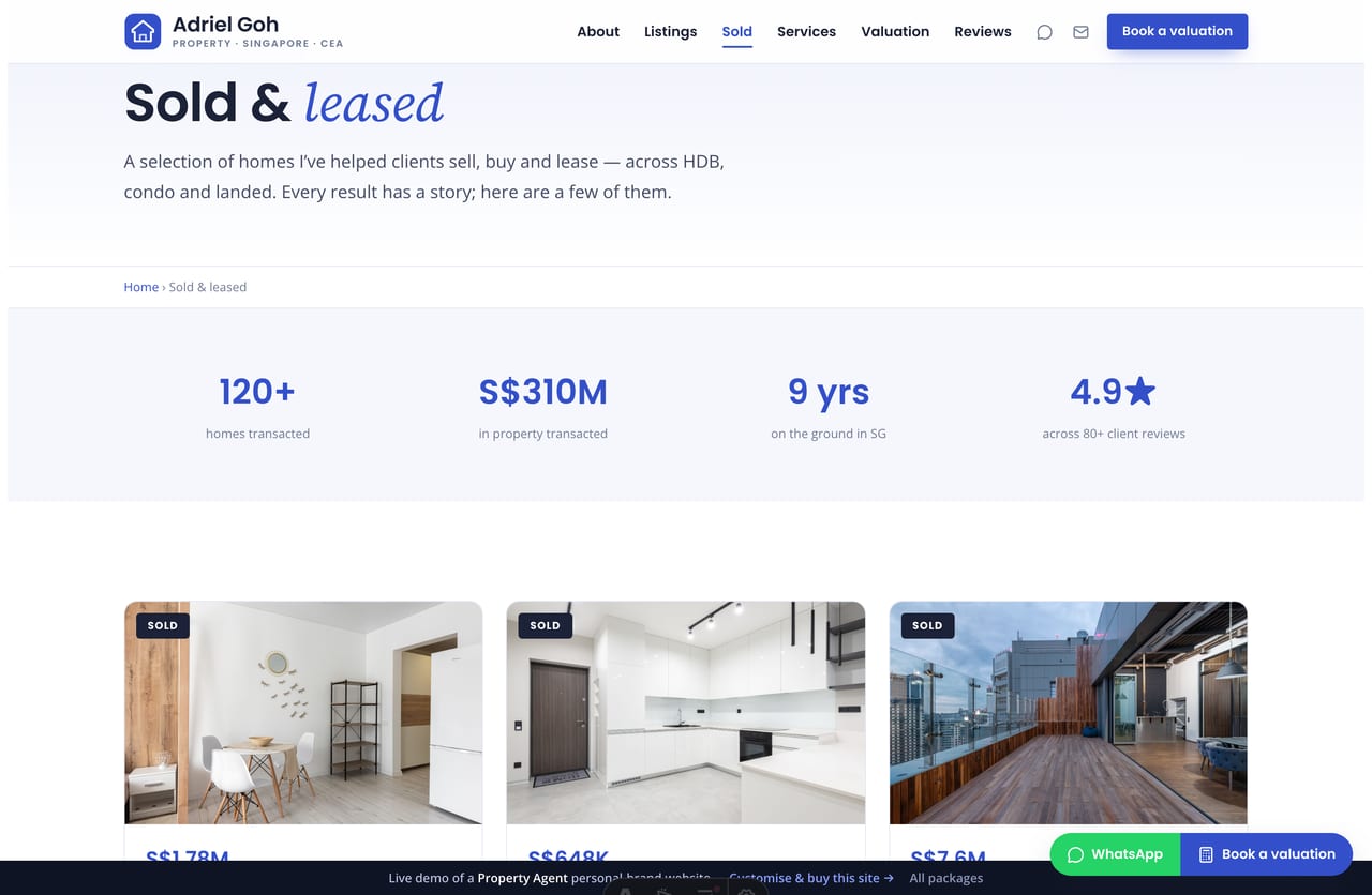 Sold and leased track-record page on the Adriel Goh demo — result cards across HDB, condo and landed with the story behind each