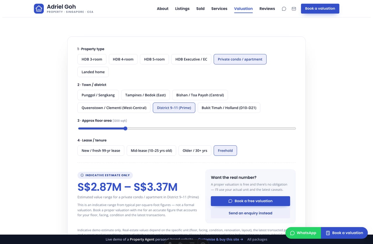 Property Valuation Estimator result on a Singapore property-agent site — an indicative value range clearly labelled, with a book-a-valuation CTA