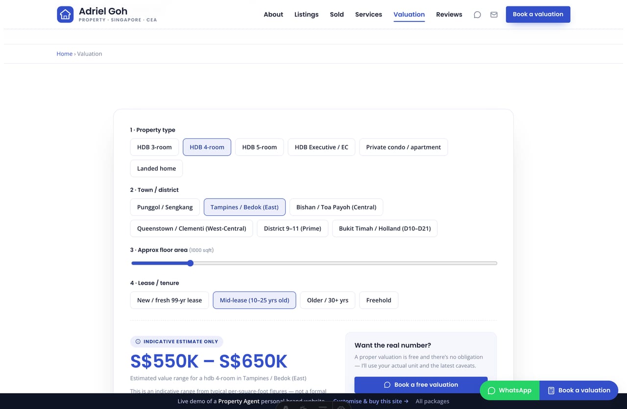 The Property Valuation Estimator on the Adriel Goh demo — choose property type, town, floor area and tenure for an indicative SGD value range