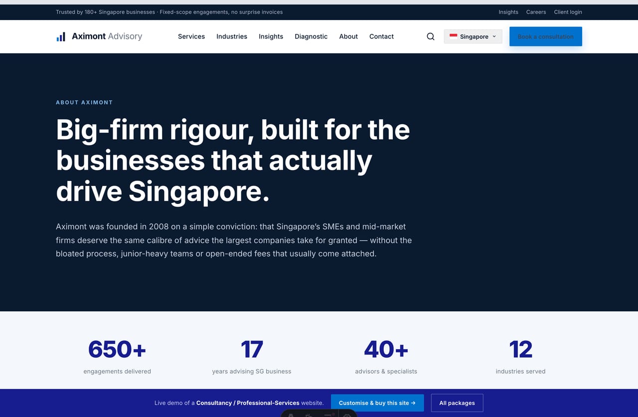 About and leadership page for a Singapore advisory firm — story, values and senior partner profiles
