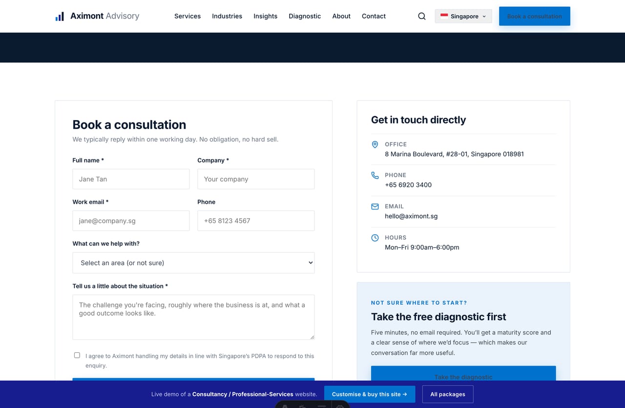 Contact and book-a-consultation lead form on the Aximont consultancy website — no cart, PDPA-aware