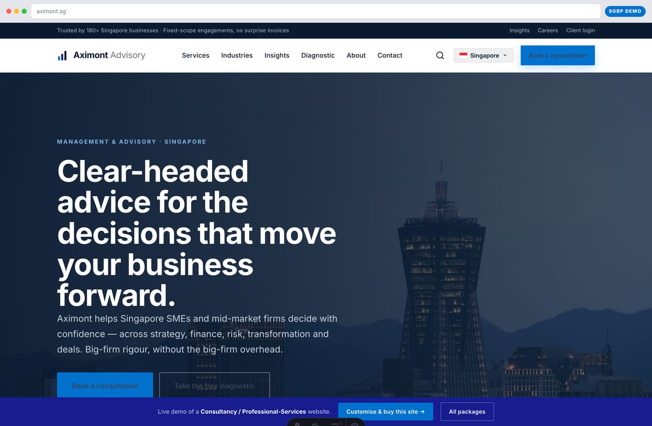 Aximont management & advisory consultancy website homepage demo — full-bleed skyline hero, value headline and Book-a-consultation CTA (Singapore)