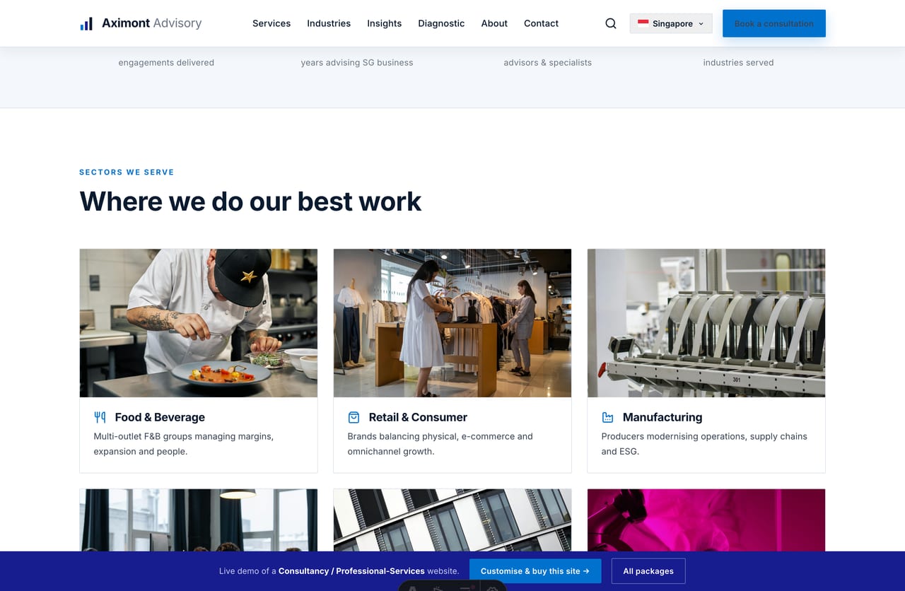 Industries page on a Singapore management consultancy website — F&B, retail, manufacturing, tech, real estate, healthcare, logistics and finance