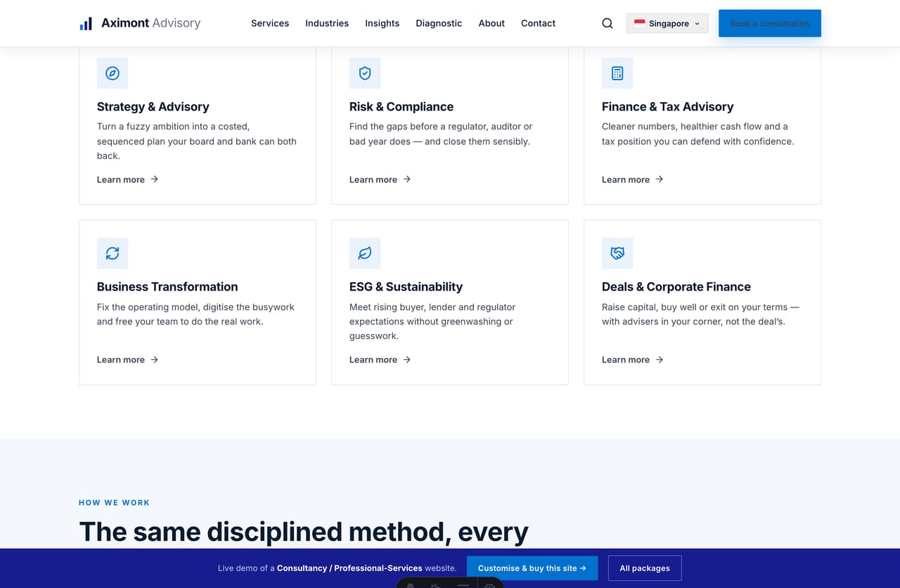 Services grid on a Singapore advisory firm website — strategy, risk, finance & tax, transformation, ESG and corporate finance