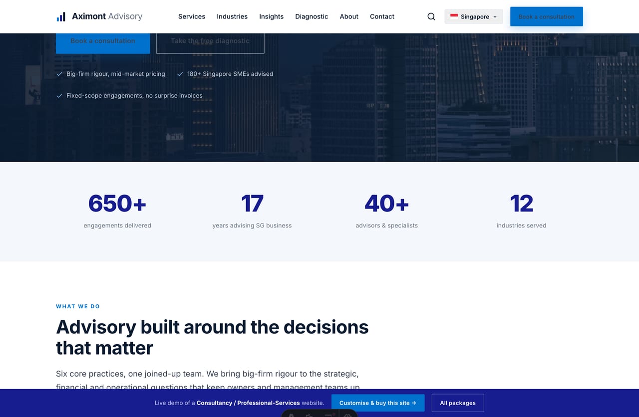 Animated stat-counter band on a Singapore consultancy website — engagements delivered, years advising, advisers and industries served