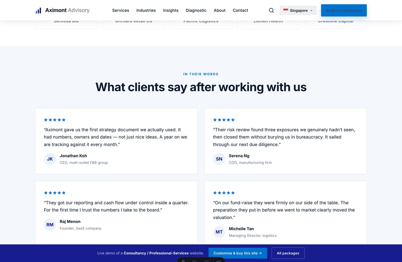 Client testimonials and trusted-by logos on a Singapore management & advisory consultancy website