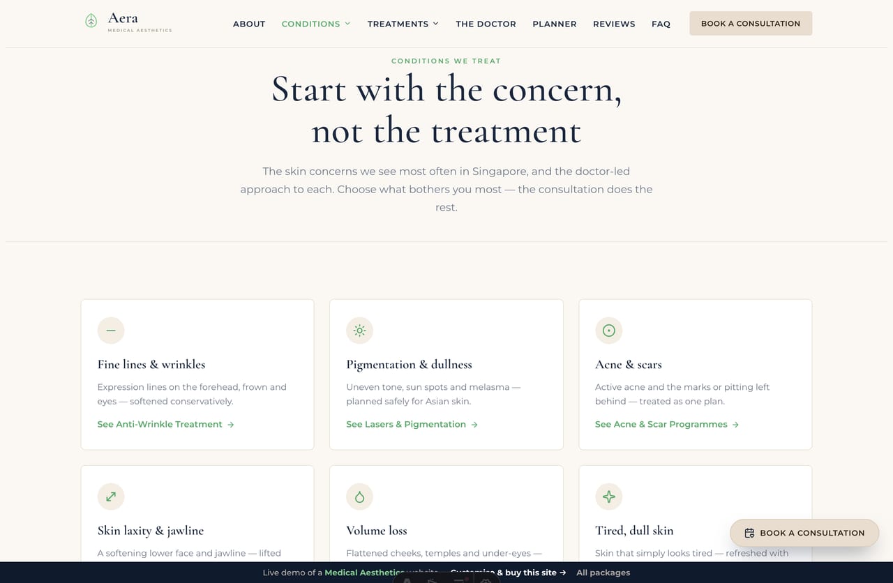 Conditions page on the Aera demo — the skin concerns treated, each linked to a doctor-led treatment