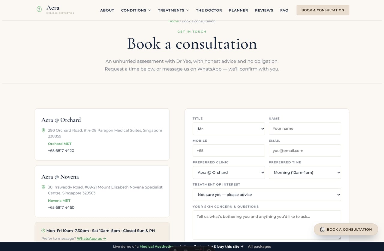Book-a-consultation page on the Aera demo — a PDPA-aware booking form with clinic, treatment and preferred time