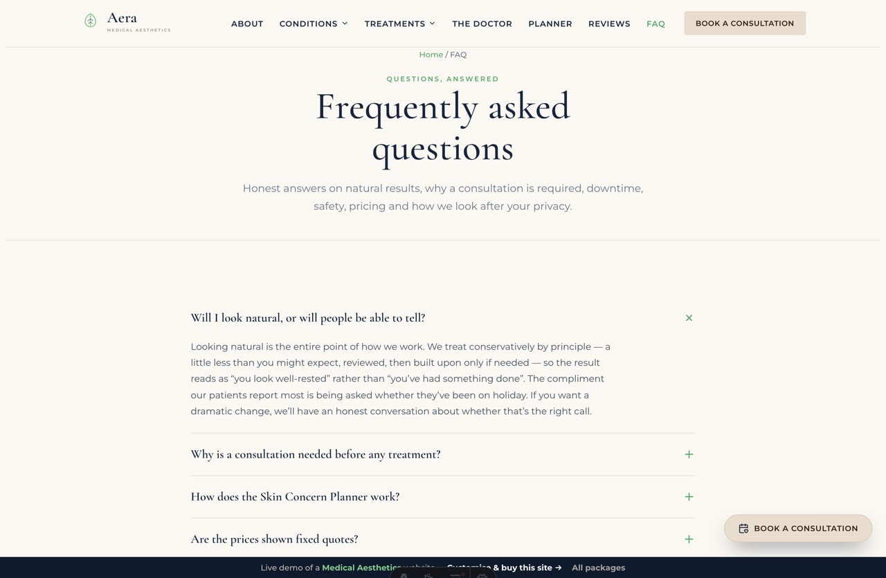 FAQ page on the Aera demo — a serif accordion of common aesthetic-treatment questions
