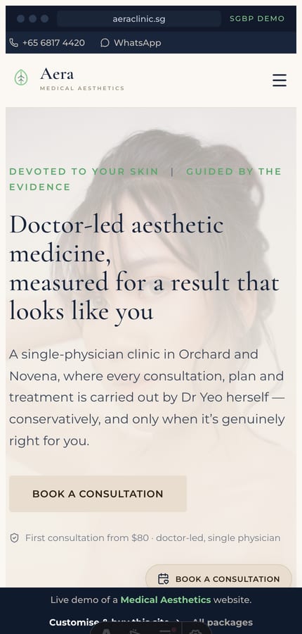 The Aera medical-aesthetics website on mobile — the cream serif hero and book CTA at 430px