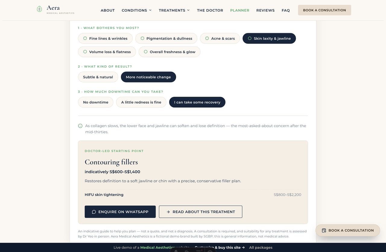 Skin Concern Planner result on a Singapore aesthetic clinic site — a matched treatment with an indicative price range and a WhatsApp enquiry CTA