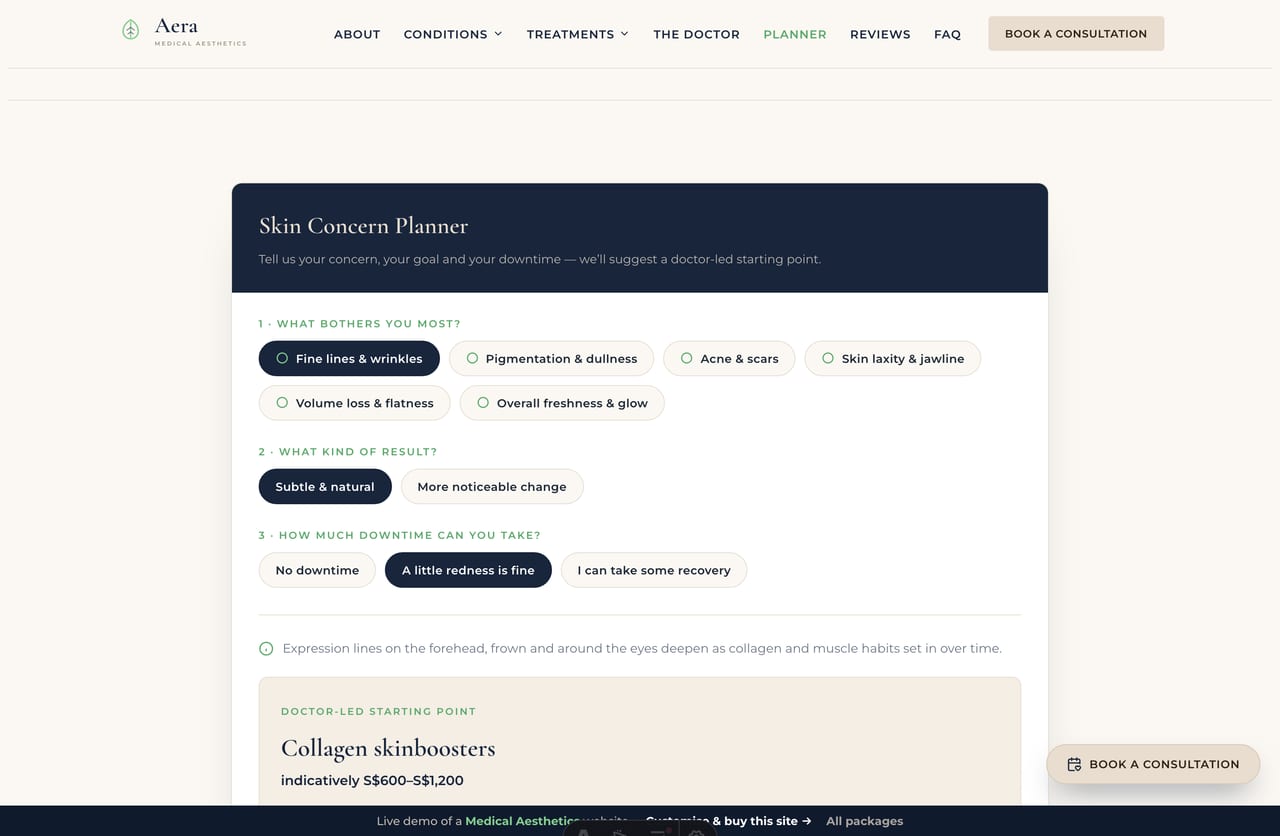 The interactive Skin Concern Planner on the Aera demo — pick a concern, a goal and a downtime preference to match a doctor-led treatment
