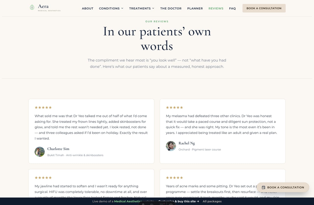 The reviews page for a Singapore aesthetic clinic — patient testimonials with photos and the treatment used