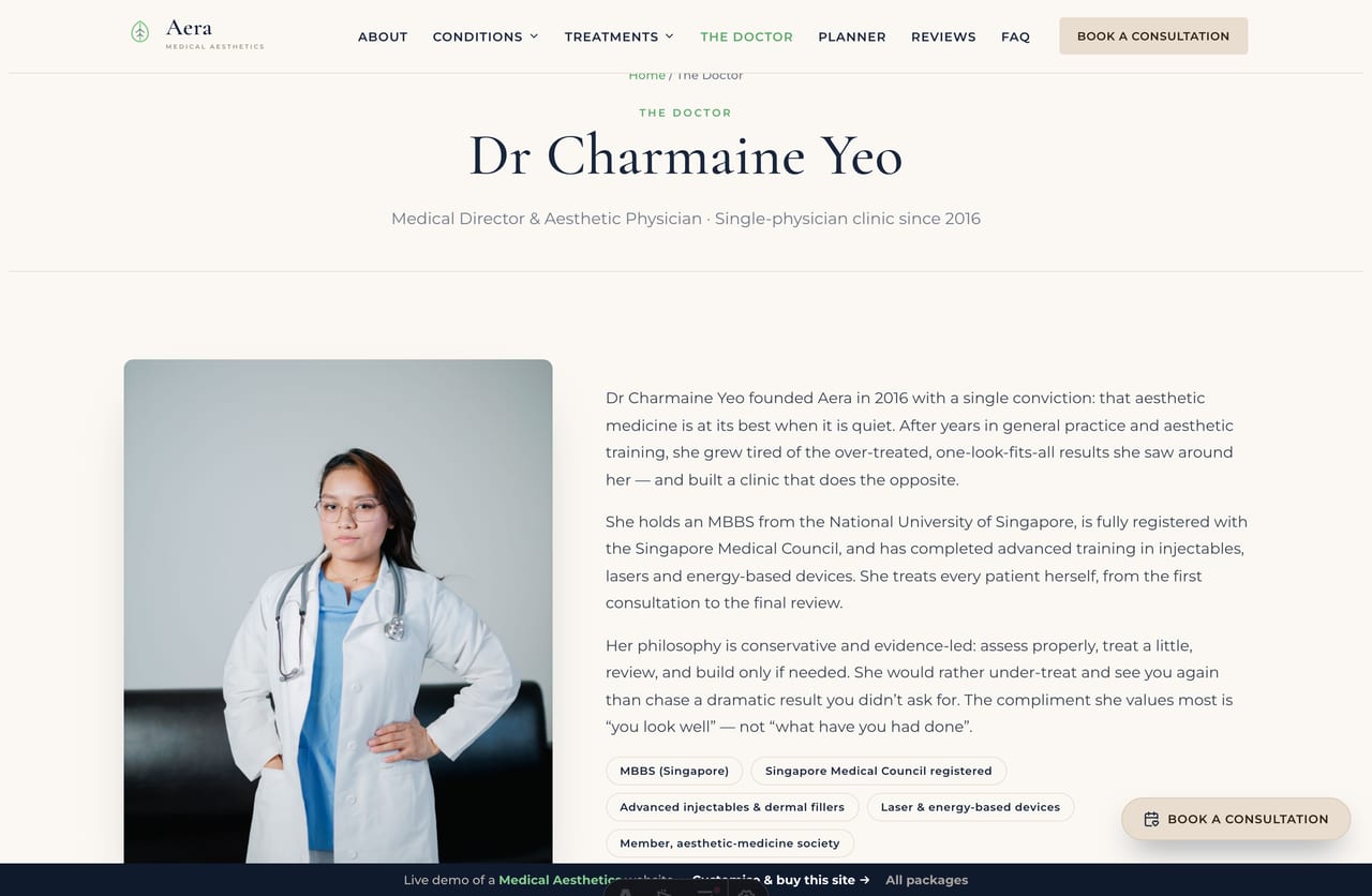 The doctor page on the Aera demo — Dr Yeo’s portrait, credentials, philosophy and a stats band