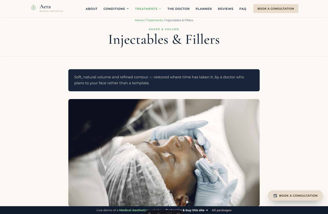 A treatment detail page on the Aera demo — a serif title, a navy summary box, a model image and a long-form editorial medical article