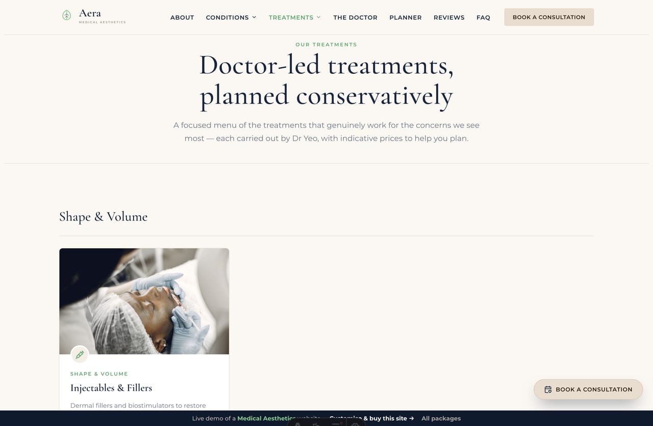 Treatments page on the Aera demo — injectables, anti-wrinkle, lasers, HIFU, skinboosters and acne programmes as category-grouped cards
