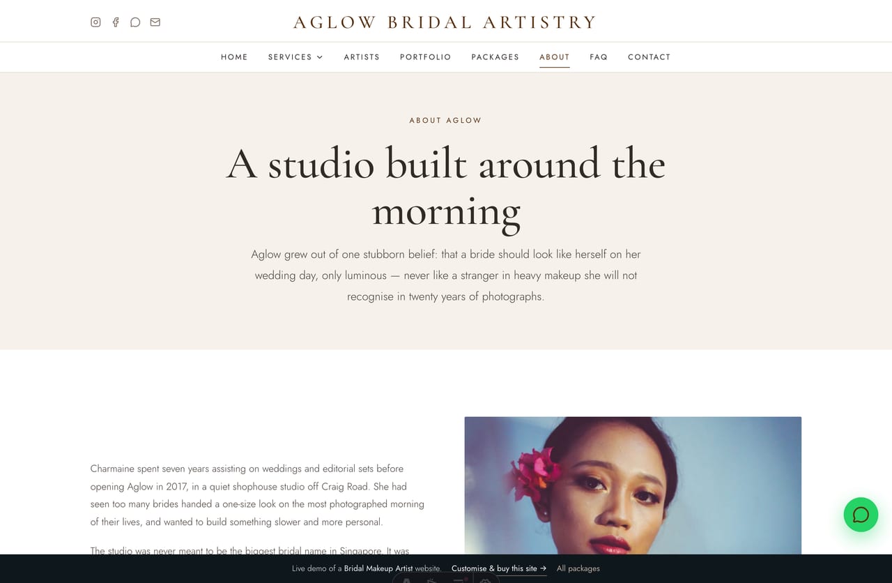 The About page for a Singapore bridal studio — founder portrait, the studio story and the values it stands by