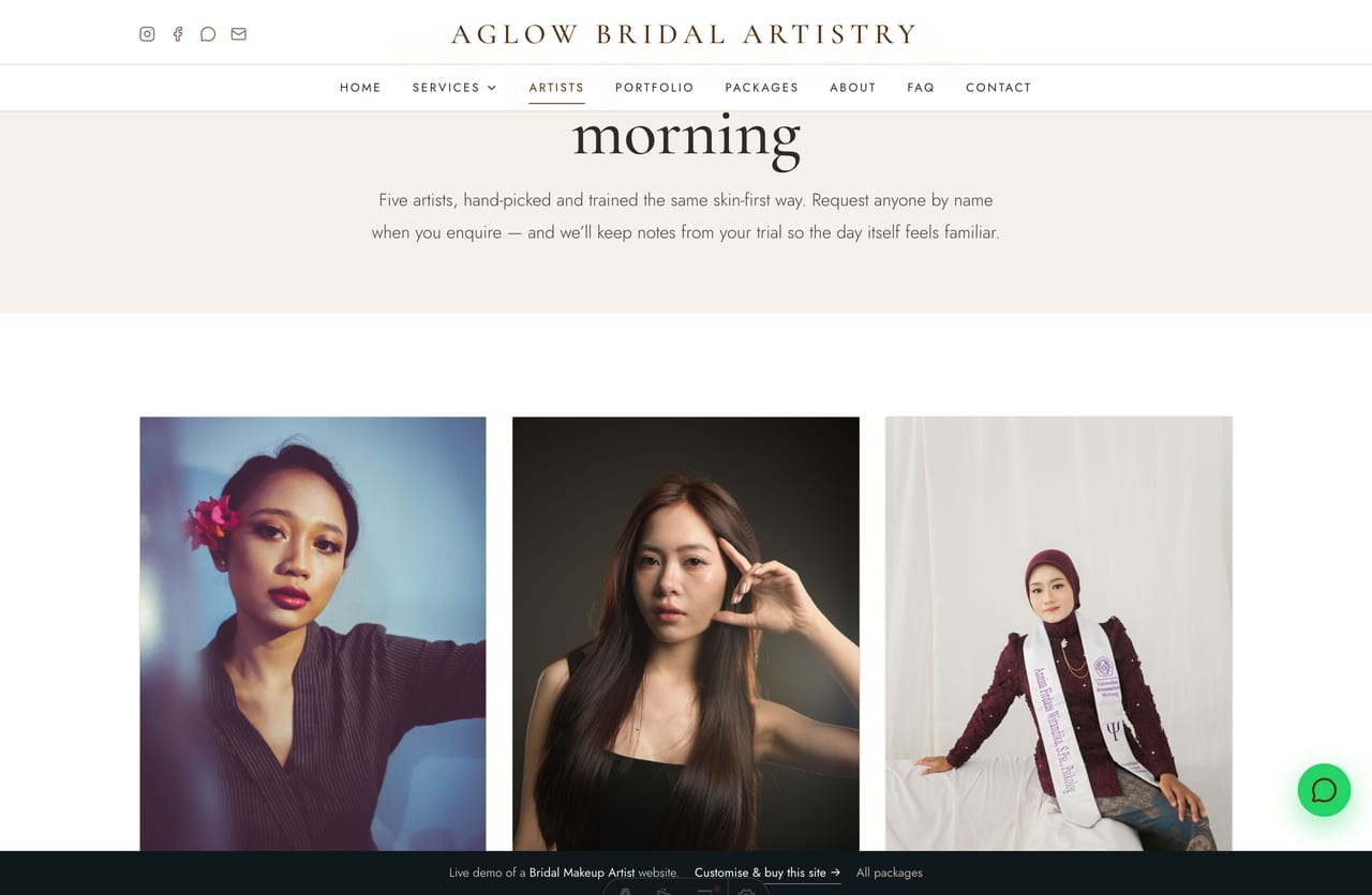 Artists page on the Aglow demo — a lead bridal artist, senior artists and a hair specialist with bios and specialties