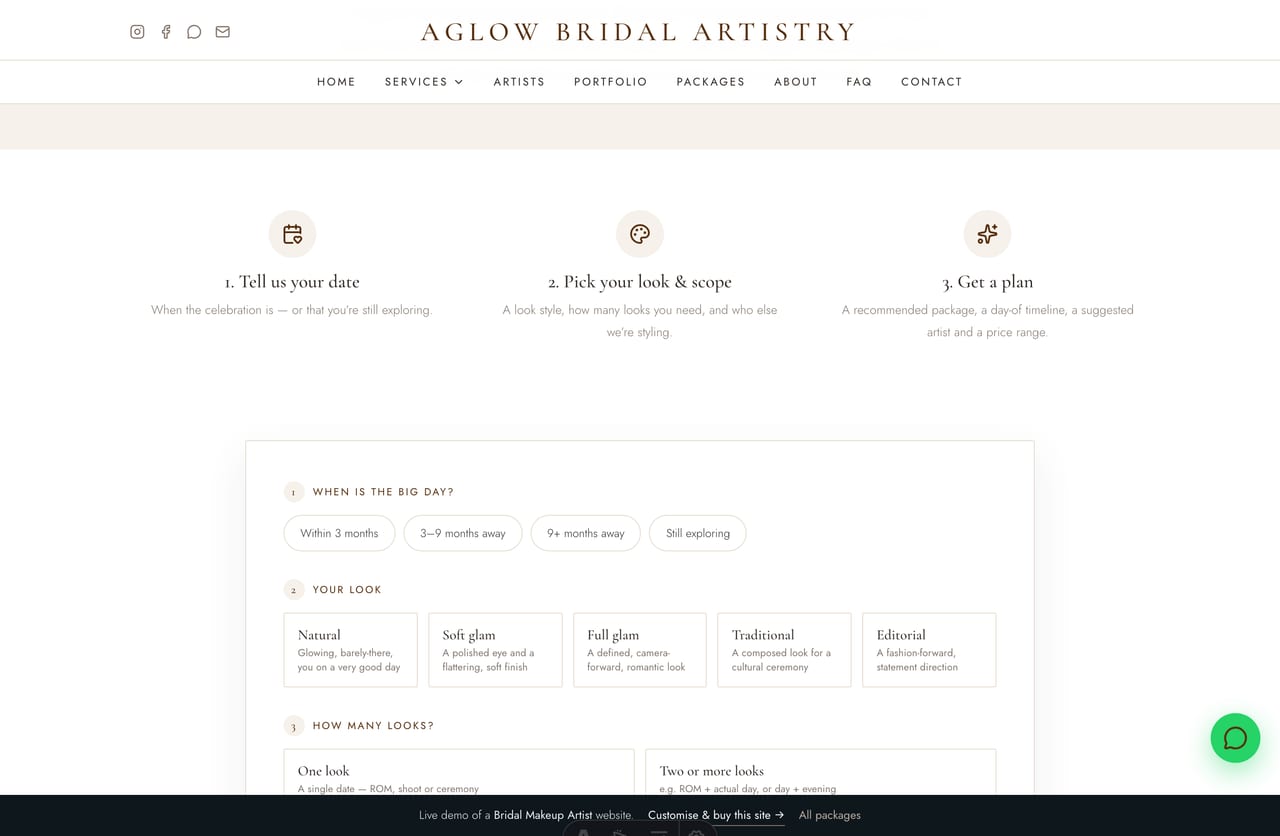 The interactive Bridal Look Planner on the Aglow demo — pick a date window, look style, number of looks and party size