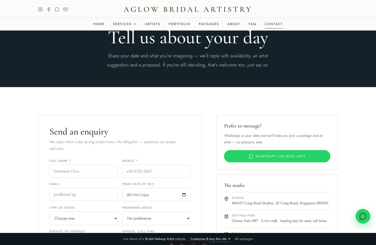 Enquiry & contact page on the Aglow demo — a PDPA-aware wedding-date enquiry form with event type & artist selection, no cart