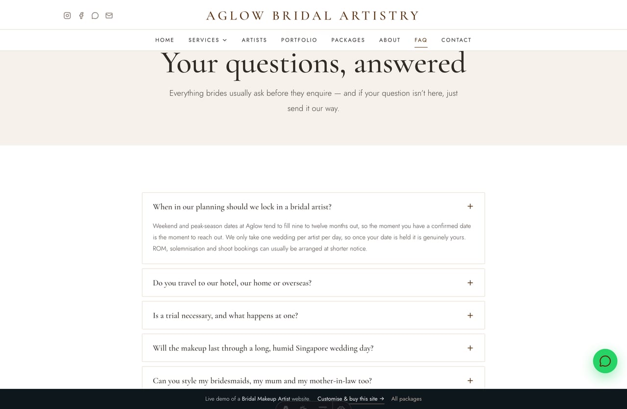 FAQ page on the Aglow demo — answers on timing, trials, travel, party looks, traditional ceremonies, payment and PDPA