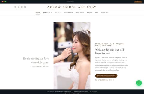 Aglow bridal makeup-artist website homepage demo — editorial bride hero, services and the Bridal Look Planner